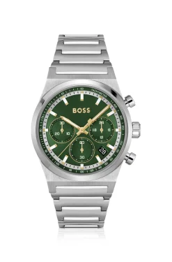 Silberfarbener Chronograph aus Edelstahl mit grünem Zifferblatt