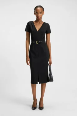 Slim-Fit Midikleid aus Stretch-Gewebe mit V-Ausschnitt