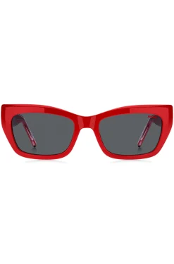 Sonnenbrille aus rotem Acetat mit mehrlagigen Bügeln