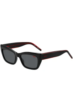 Sonnenbrille aus schwarzem Acetat mit mehrlagigen Bügeln in Signature-Rot