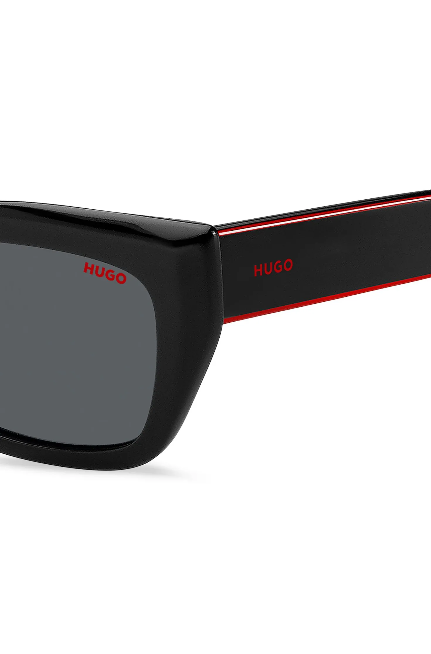 Sonnenbrille aus schwarzem Acetat mit mehrlagigen Bügeln in Signature-Rot