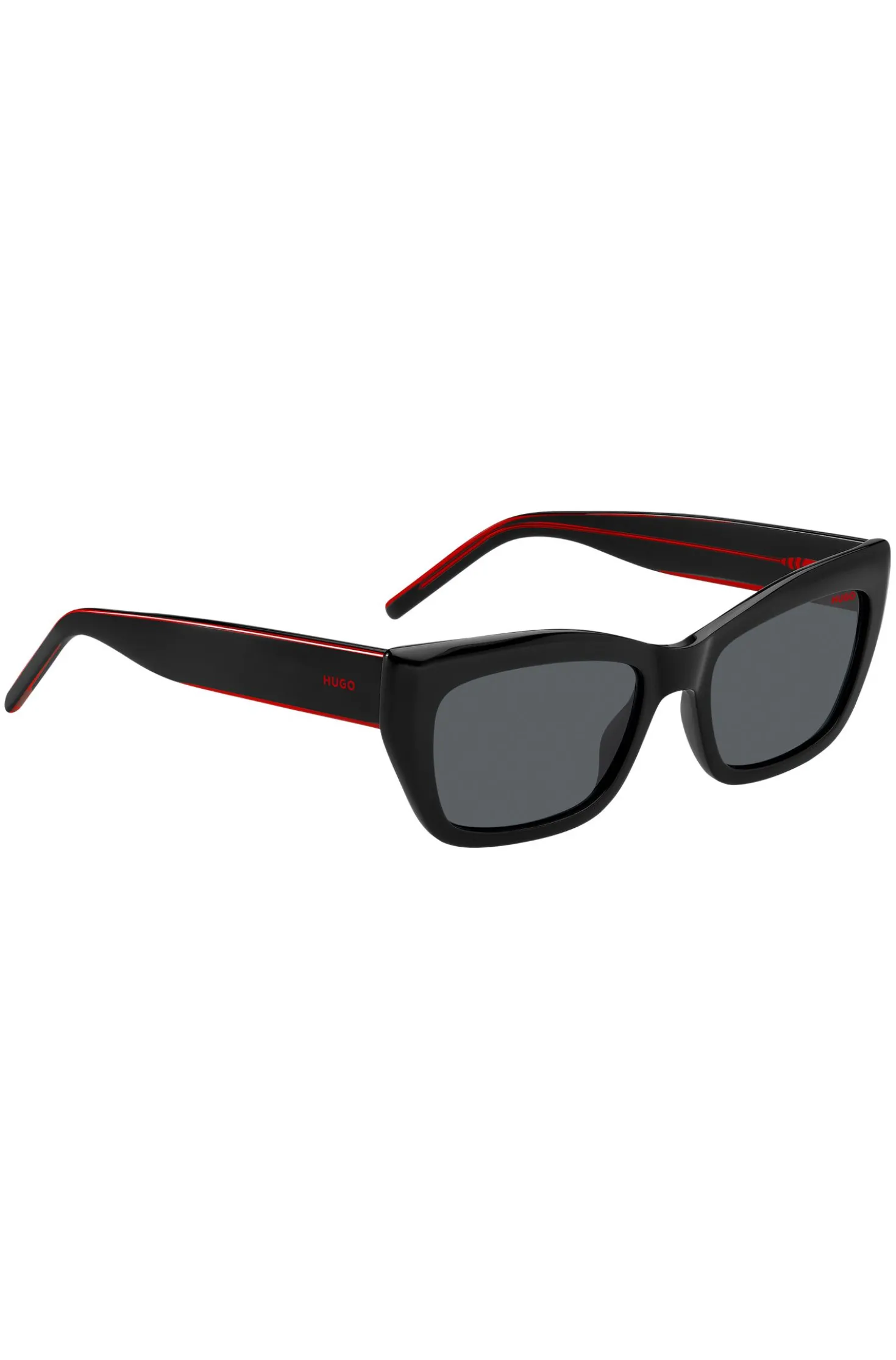 Sonnenbrille aus schwarzem Acetat mit mehrlagigen Bügeln in Signature-Rot