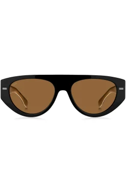 Sonnenbrille aus schwarzem Bio-Acetat mit gelaserten Logos auf den Bügeln