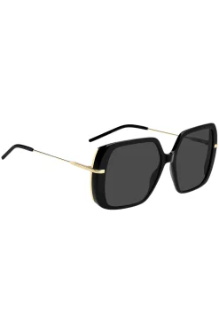 Sonnenbrille aus schwarzem, mehrlagigem Acetat mit goldfarbenen Bügeln