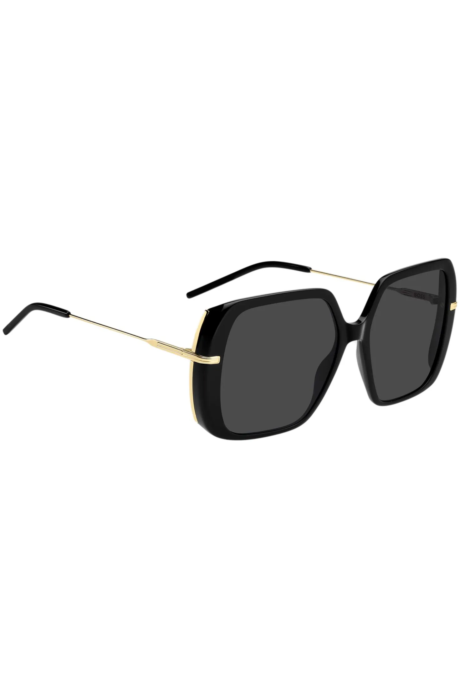 Sonnenbrille aus schwarzem, mehrlagigem Acetat mit goldfarbenen Bügeln