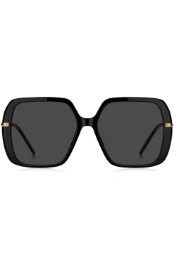 Sonnenbrille aus schwarzem, mehrlagigem Acetat mit goldfarbenen Bügeln