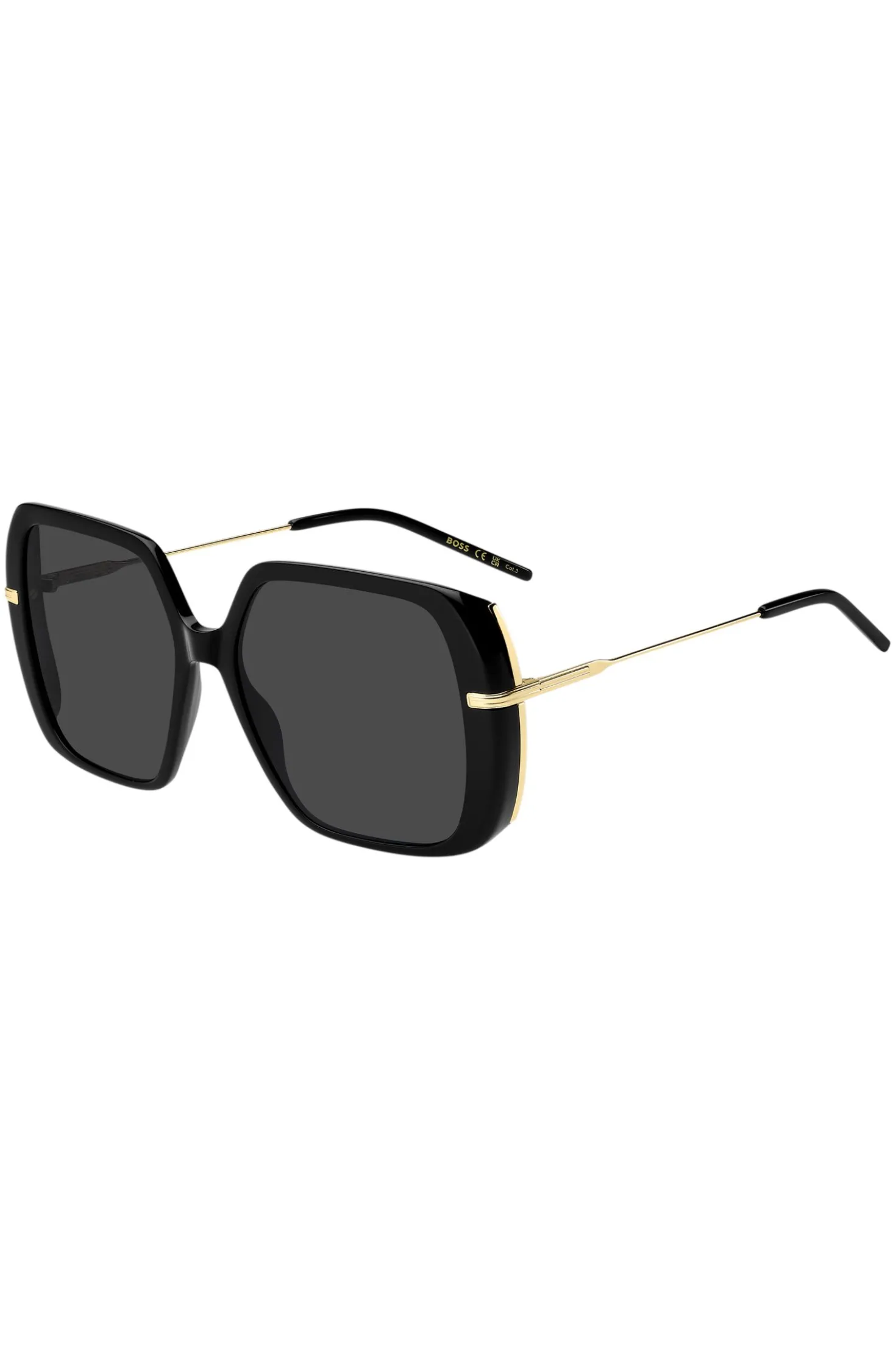 Sonnenbrille aus schwarzem, mehrlagigem Acetat mit goldfarbenen Bügeln