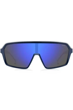 Sonnenbrille im Masken-Stil mit blau getönten Gläsern