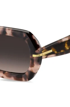 Sonnenbrille mit rosafarbenem Havanna-Muster und goldfarbenen Scharnieren