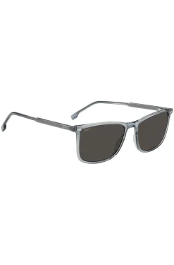 Transparent-blaue Sonnenbrille mit Logo auf den Bügeln