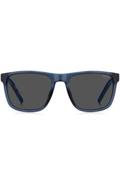 Transparent-blaue Sonnenbrille mit gemusterten Bügeln
