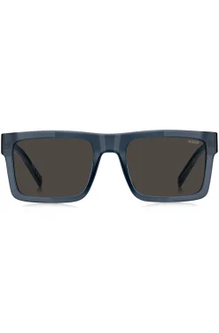 Transparent-blaue Sonnenbrille mit grauen Gläsern