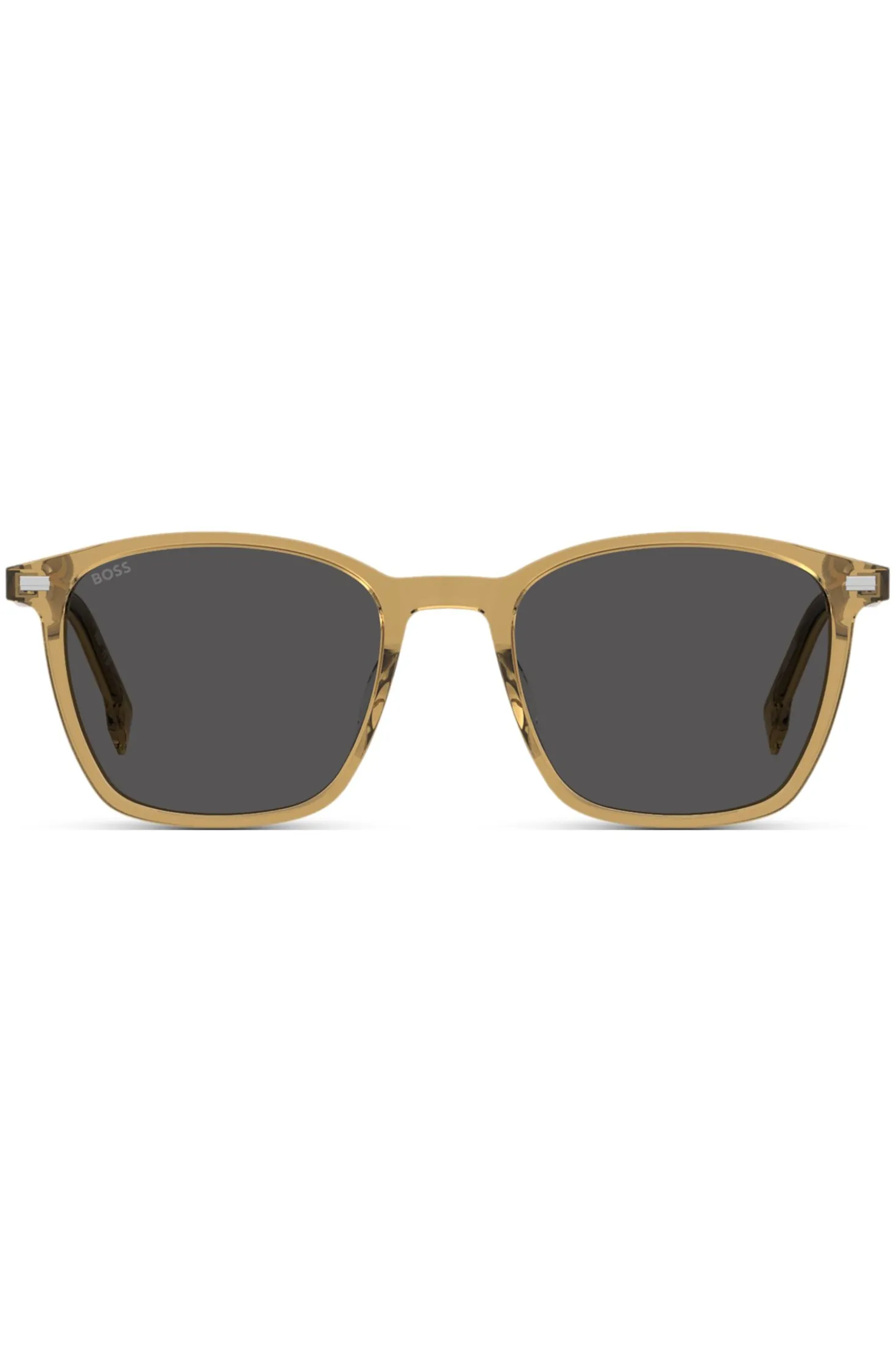 Transparente, beigefarbene Sonnenbrille mit grauen Gläsern