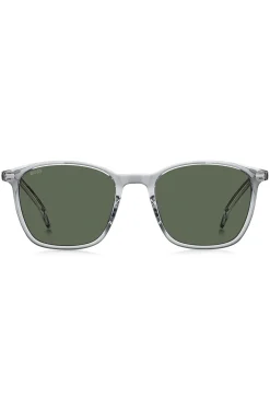 Transparent-graue Sonnenbrille mit Logo an den Bügeln