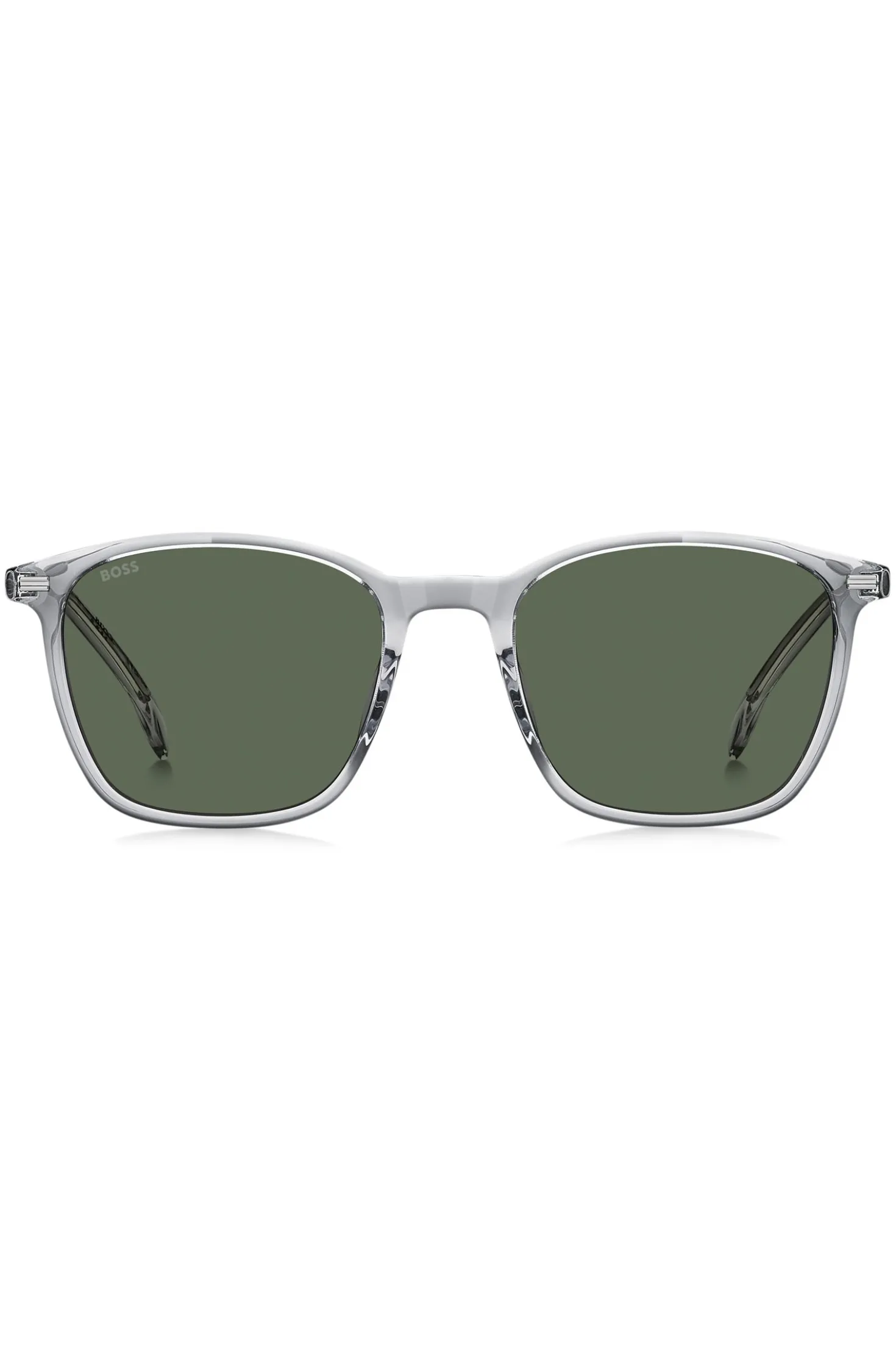 Transparent-graue Sonnenbrille mit Logo an den Bügeln