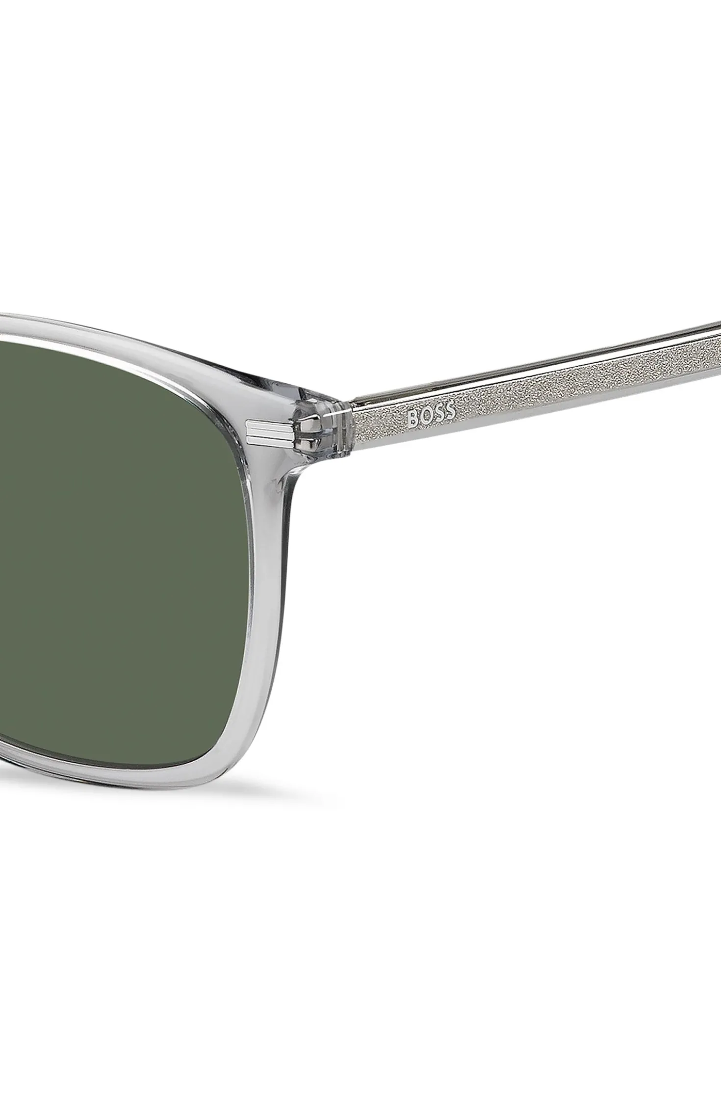 Transparent-graue Sonnenbrille mit Logo an den Bügeln