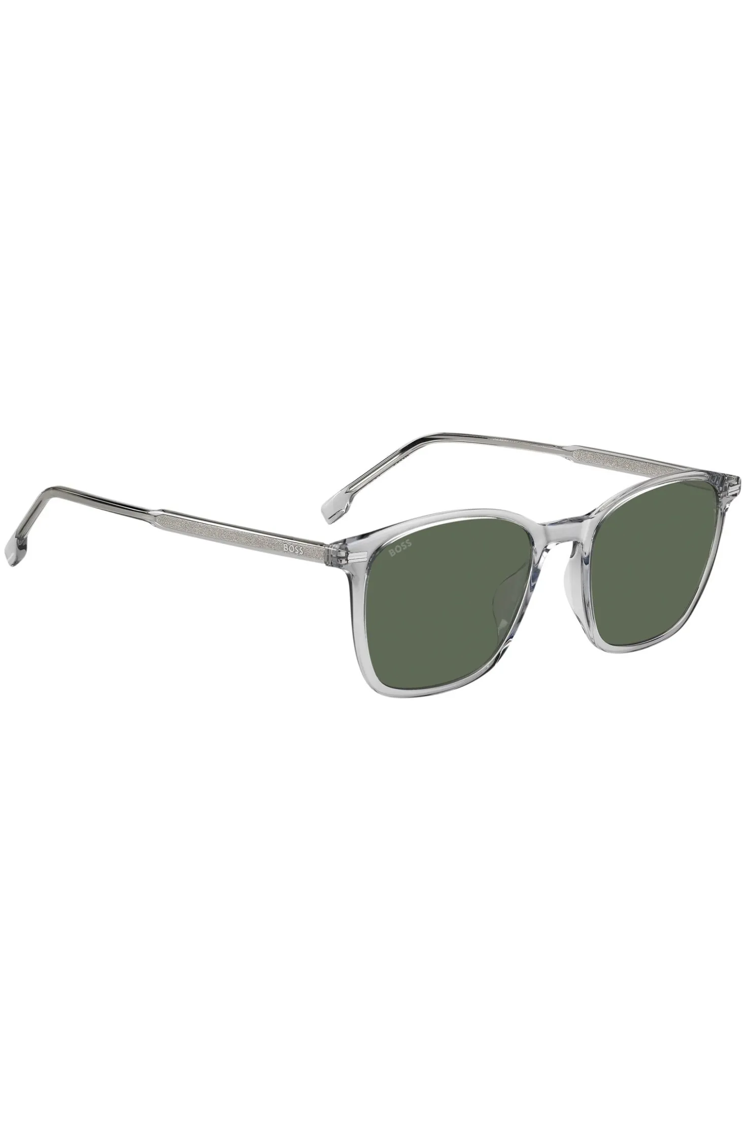 Transparent-graue Sonnenbrille mit Logo an den Bügeln