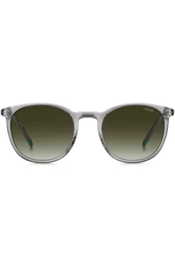 Transparent-graue Sonnenbrille mit grünem Logo