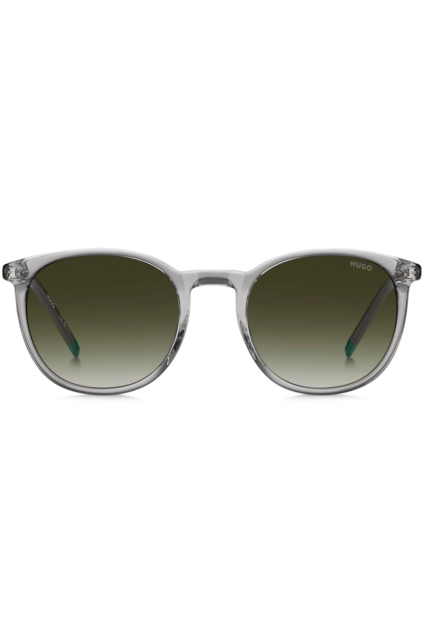 Transparent-graue Sonnenbrille mit grünem Logo