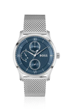 Uhr mit blauem Zifferblatt und Mesh-Armband