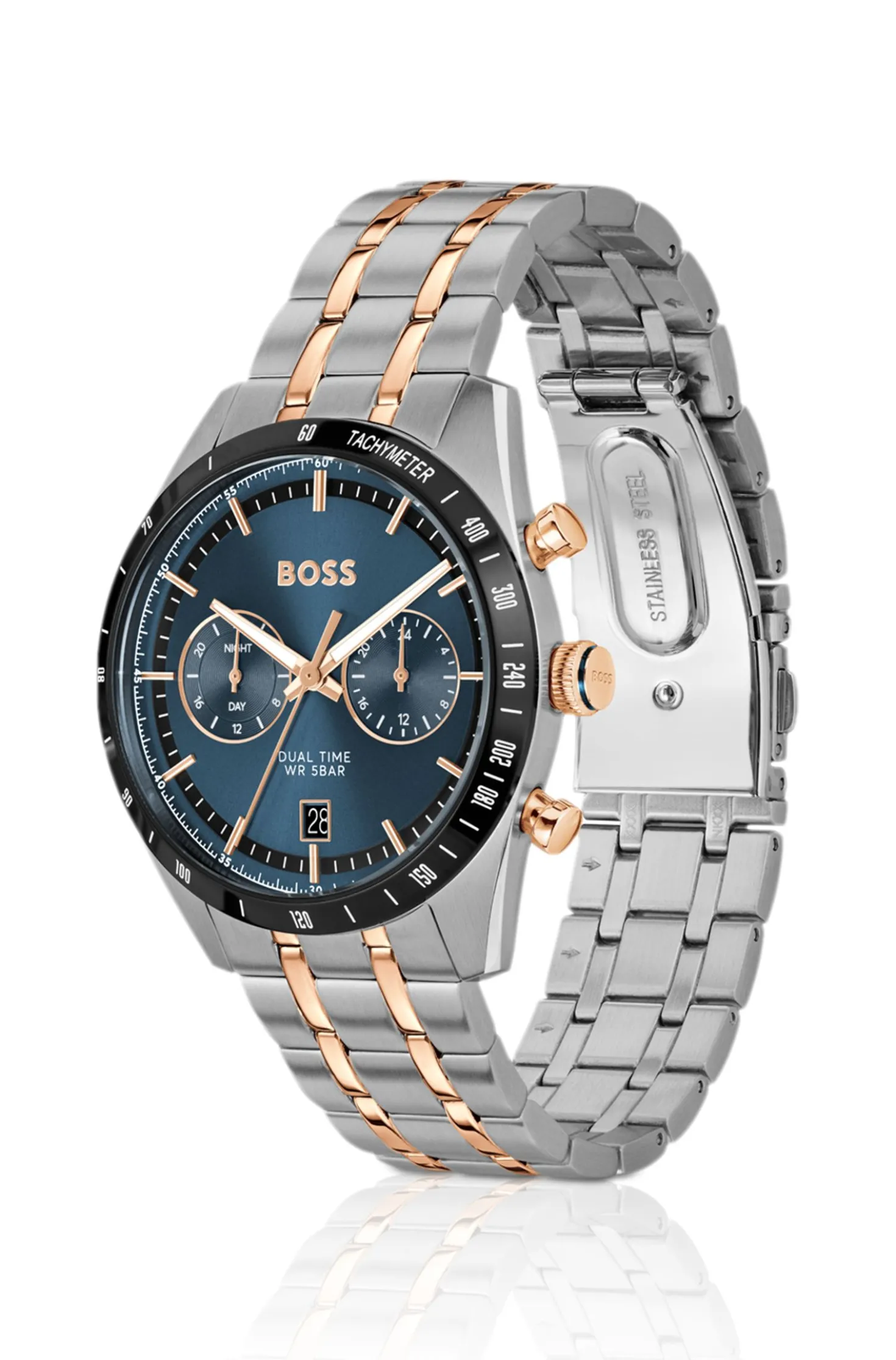 Uhr mit blauem Zifferblatt und zweifarbigem Gliederarmband