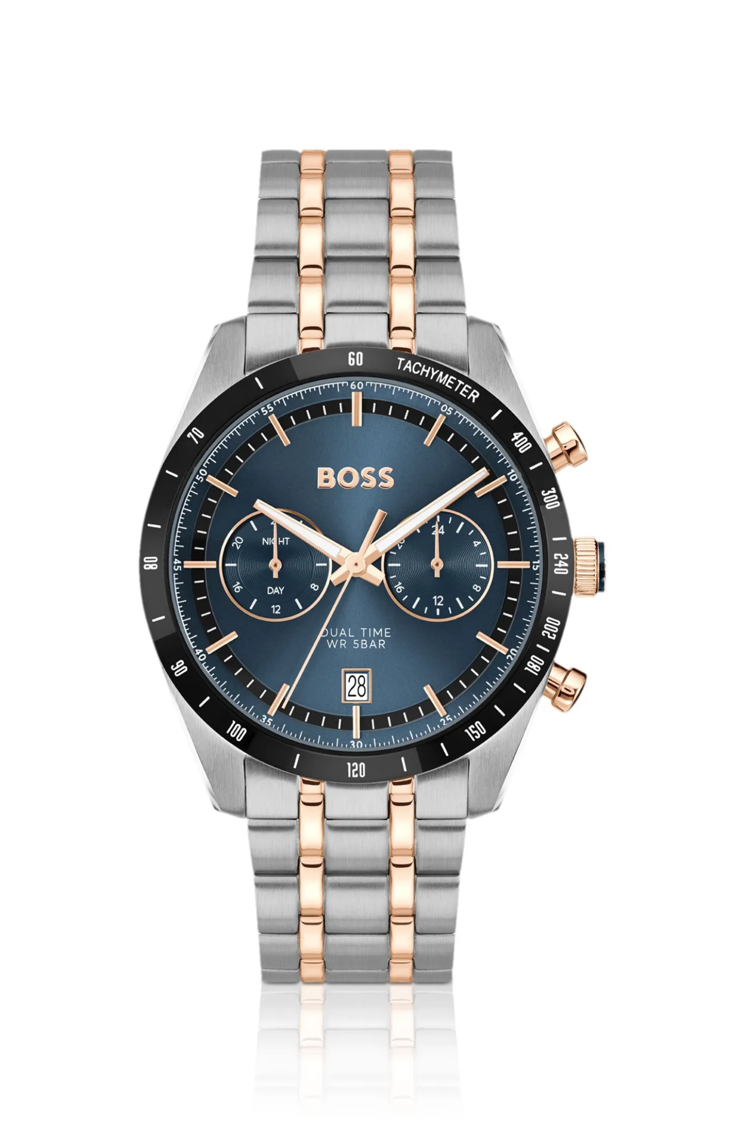 Uhr mit blauem Zifferblatt und zweifarbigem Gliederarmband