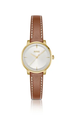 Uhr mit silber-weißem Zifferblatt und Lederarmband