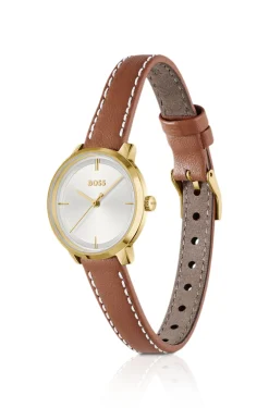 Uhr mit silber-weißem Zifferblatt und Lederarmband