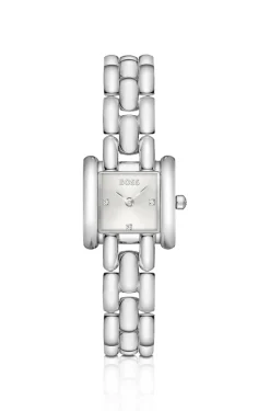 Violette quadratische Uhr aus Edelstahl mit skulpturalem Armband
