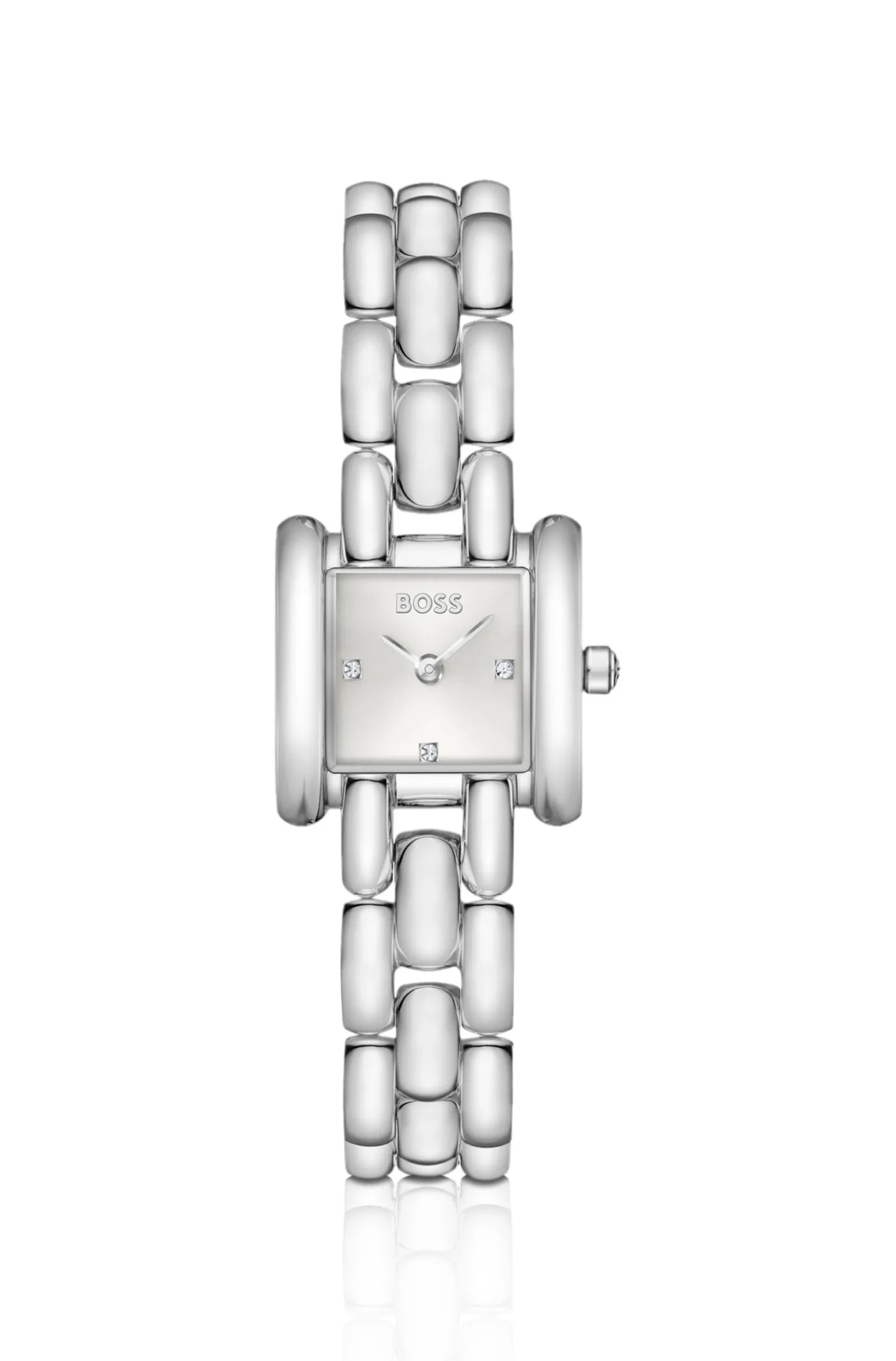 Violette quadratische Uhr aus Edelstahl mit skulpturalem Armband