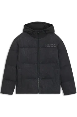 Wattierte Relaxed-Fit Jacke aus schwarzem Denim mit Logos