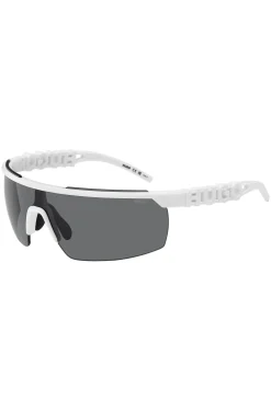 Weiße Sonnenbrille im Masken-Stil mit 3D-Logo auf den Bügeln
