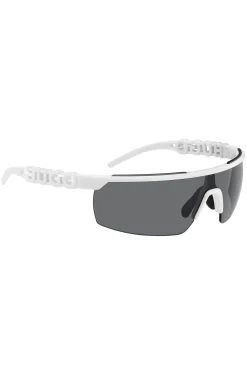 Weiße Sonnenbrille im Masken-Stil mit 3D-Logo auf den Bügeln