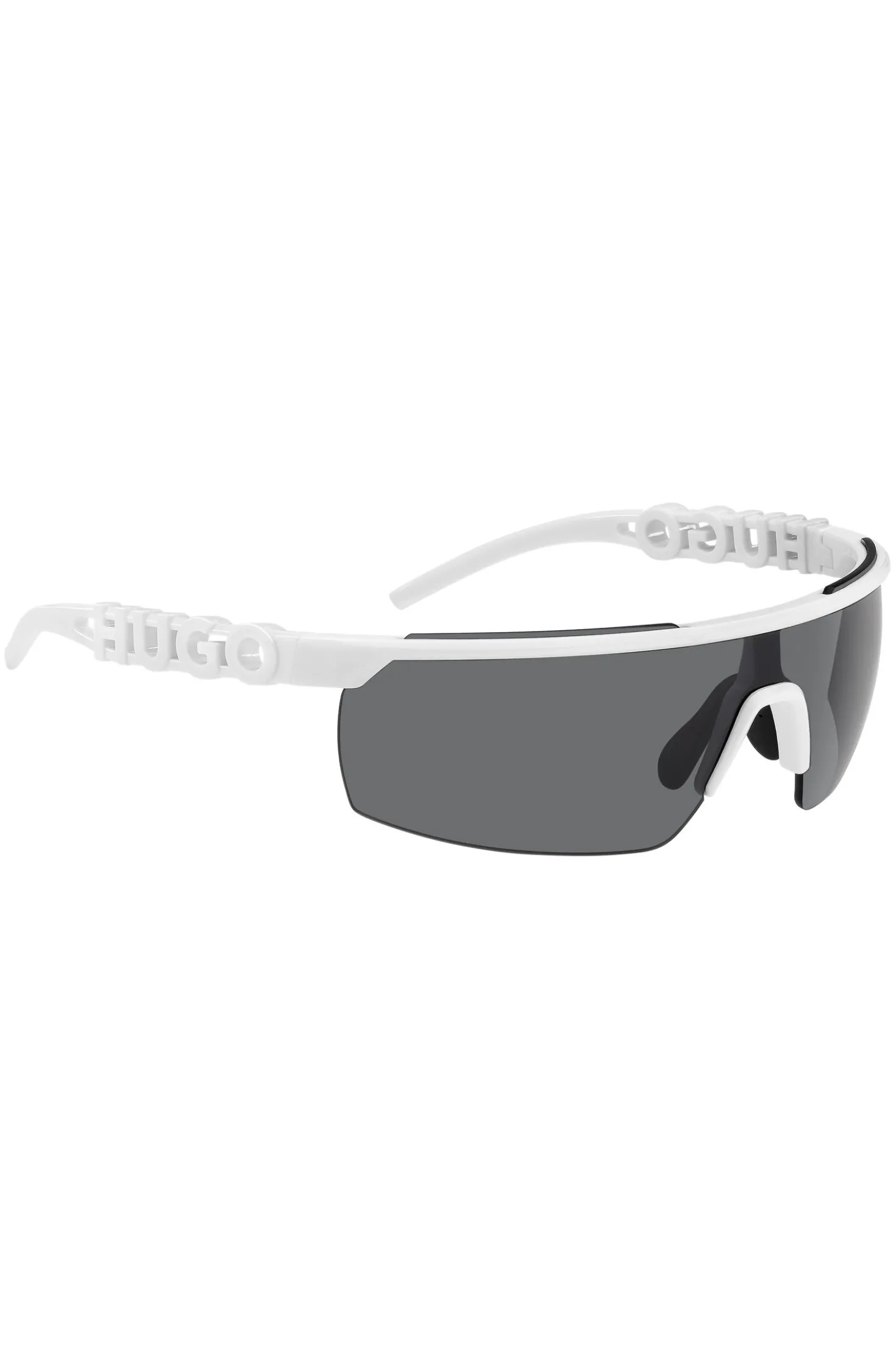 Weiße Sonnenbrille im Masken-Stil mit 3D-Logo auf den Bügeln