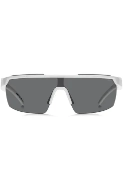 Weiße Sonnenbrille im Masken-Stil mit 3D-Logo auf den Bügeln