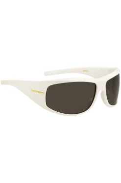 Weiße Sonnenbrille im Masken-Stil mit goldfarbenen Metalldetails