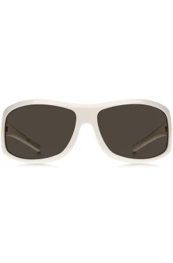 Weiße Sonnenbrille im Masken-Stil mit goldfarbenen Metalldetails
