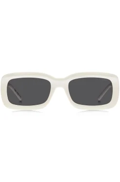 Weiße Sonnenbrille mit Stack-Logo an den Bügeln