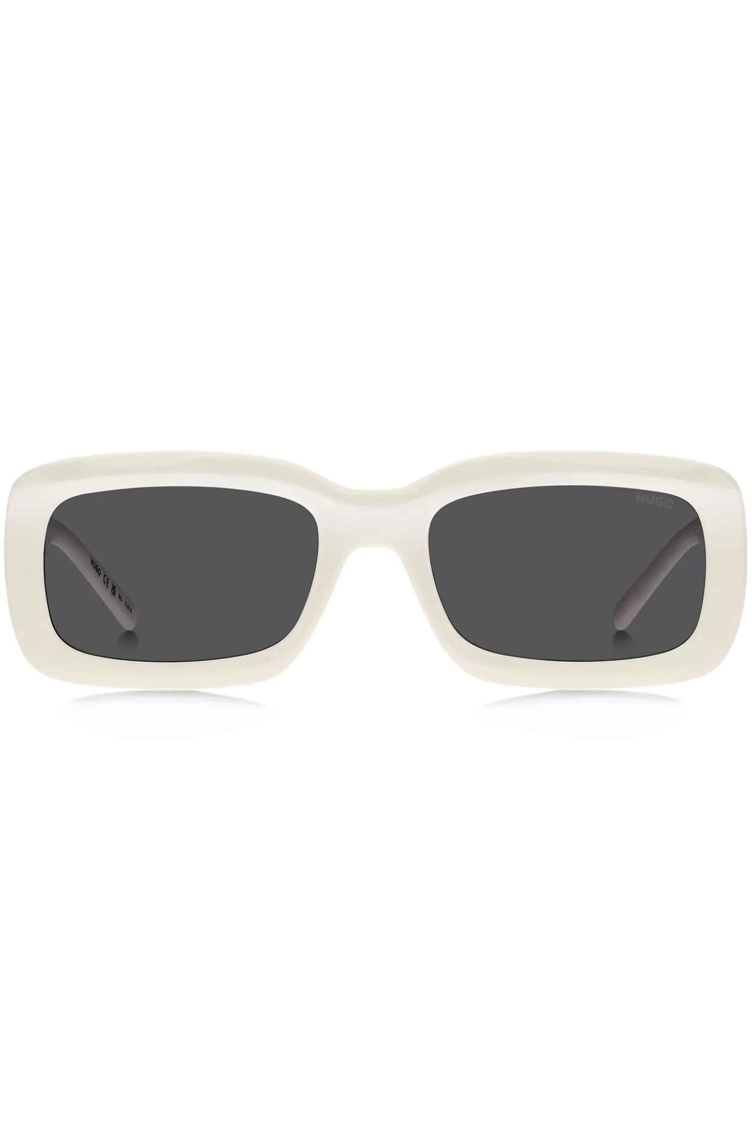 Weiße Sonnenbrille mit Stack-Logo an den Bügeln